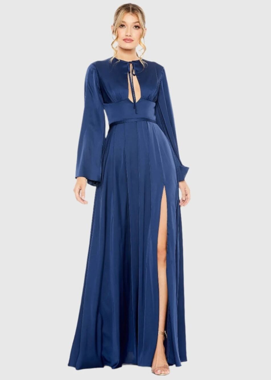 Mac Duggal Charmeuse Soft Tie Keyhole Bell Sleeve Gown Midnight Sz 4 NWOT 68308